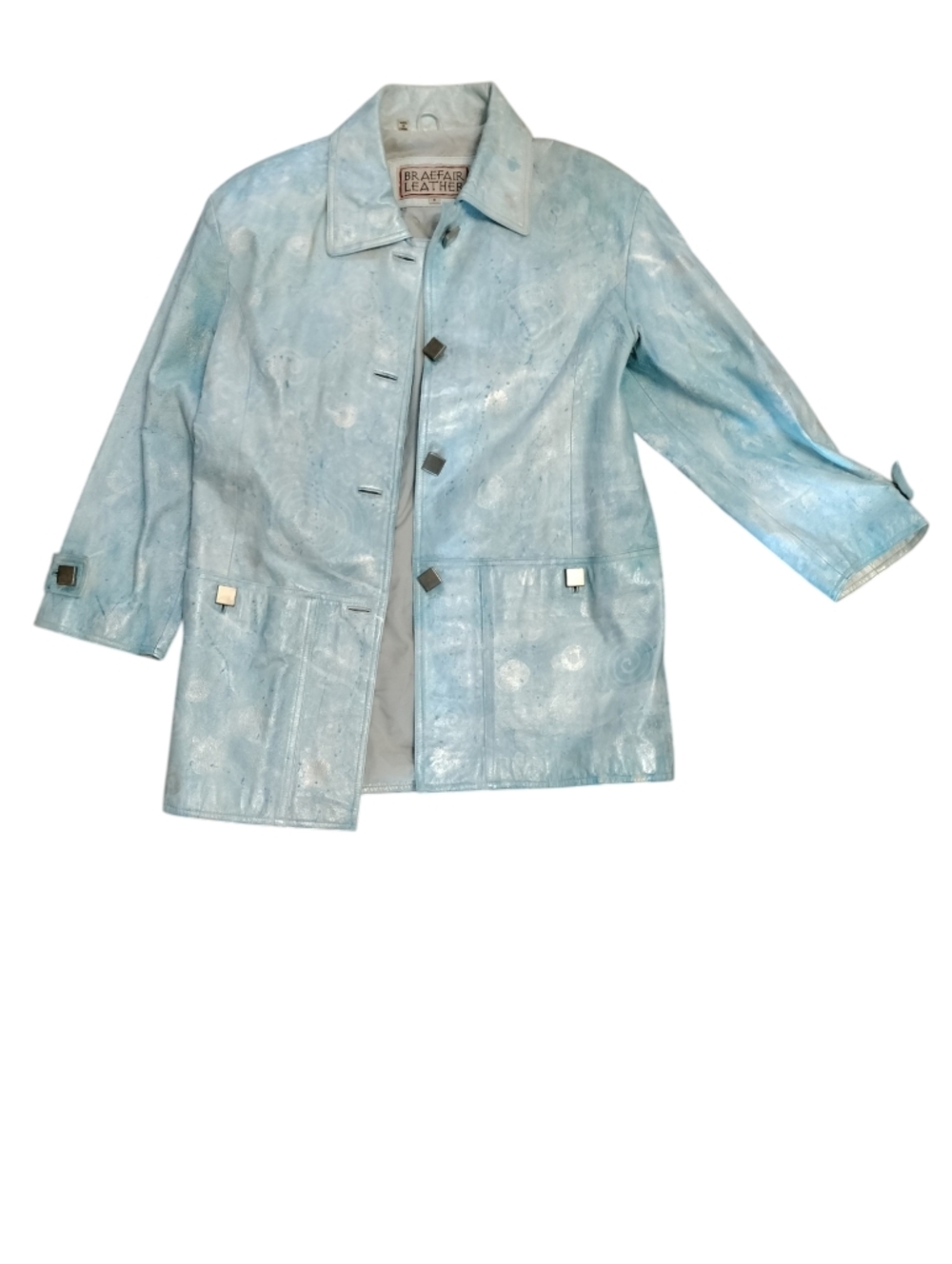 Vintage 80s BRAEFAIR Leather trench coat, Artsy Icy Blue wearable art, S 8 - Picture 6 of 14